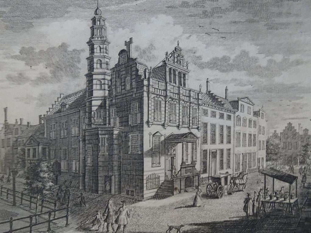 gravure Stadhuis Groenmarkt-Kerkplein Den Haag A. Beek 1720, Verzenden, Architectuur, Gravure, Origineel
