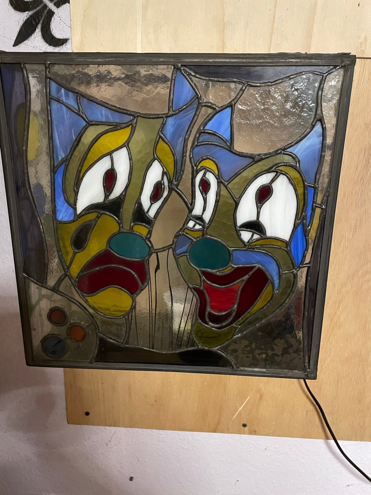 Glas in lood Tiffany lamp Clowns huil en lach, Met schakelaar, Gebruikt, Meerkleurig, Ophalen of Verzenden