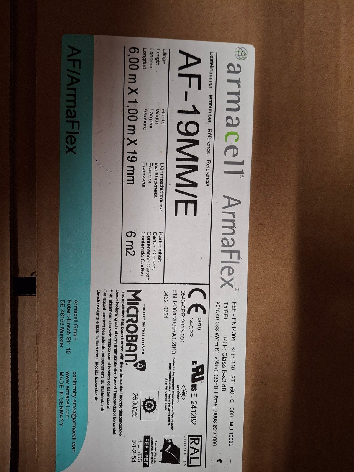ArmaFlex AF-19MM/E Isolatiemateriaal 6m², Overige materialen, Nieuw, Minder dan 5 m², Ophalen