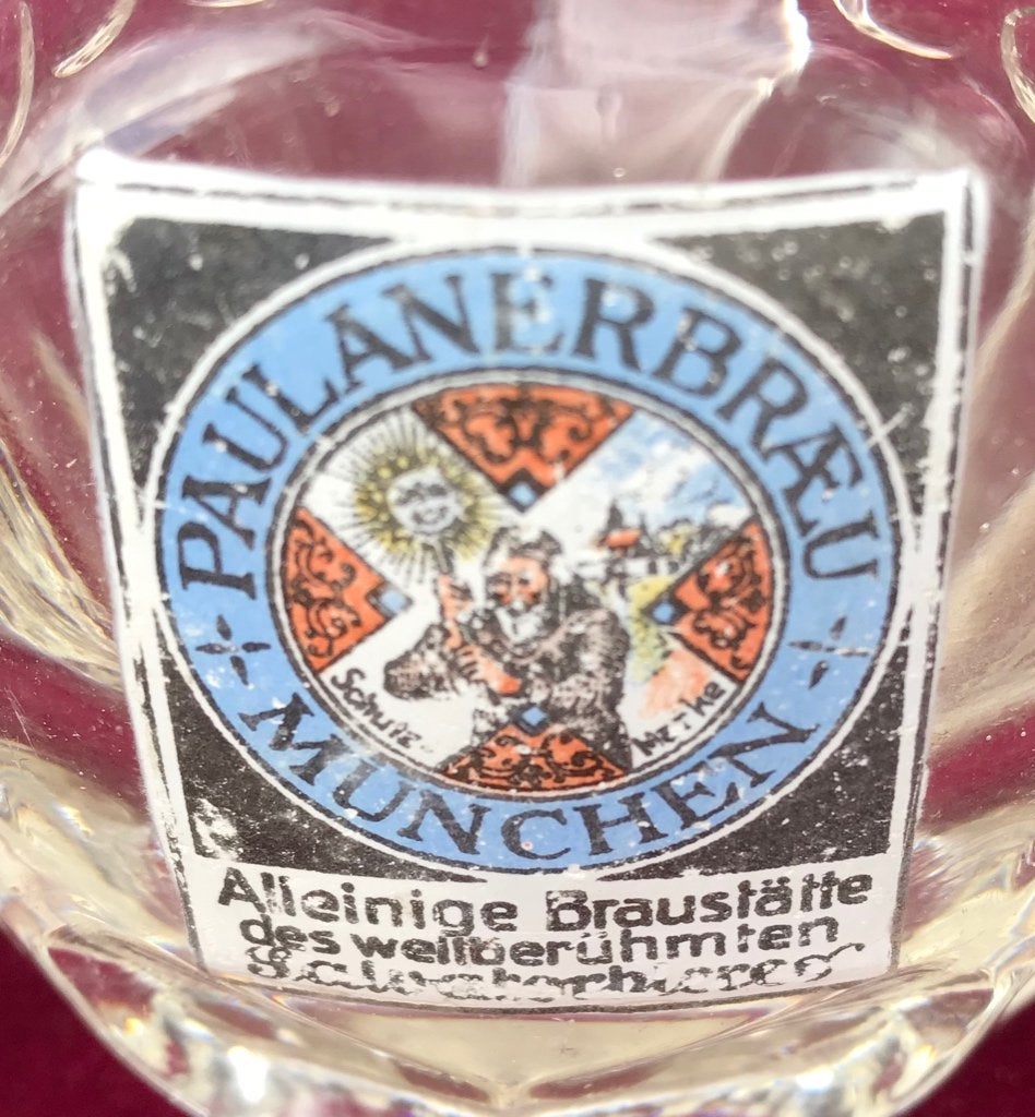 bierpul met emaille plaatje van Paulanerbrau Munchen., Ophalen of Verzenden, Zo goed als nieuw, Pul(len), Overige merken