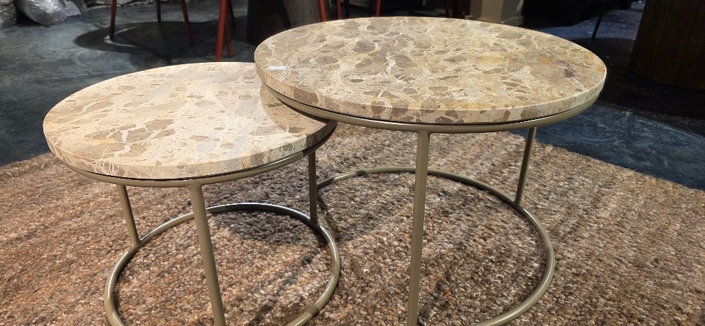 Salontafel Alvar Beige Mamer Set van 2 | SHOWMODEL KORTING!, Huis en Inrichting, Tafels | Salontafels, Ophalen, 50 tot 100 cm
