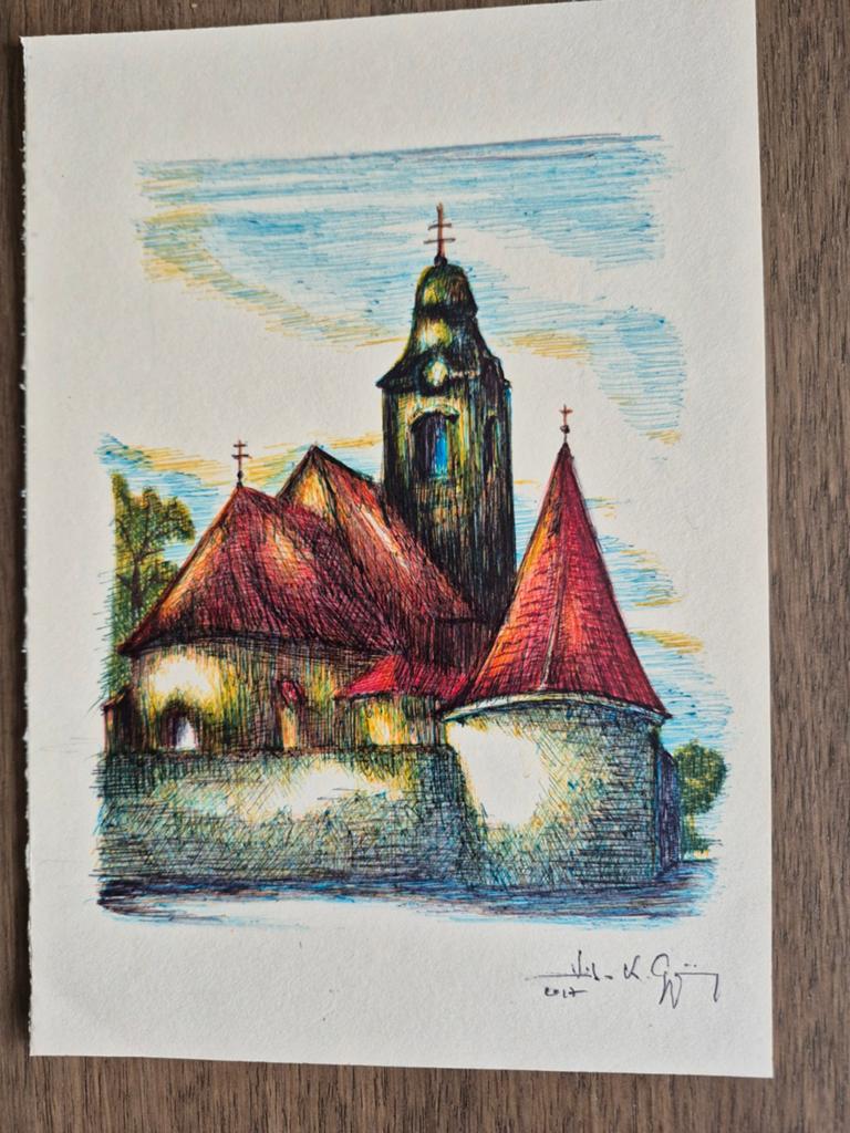Originele tekening Gyergyószentmiklós kerk 15x21 cm, Ophalen of Verzenden