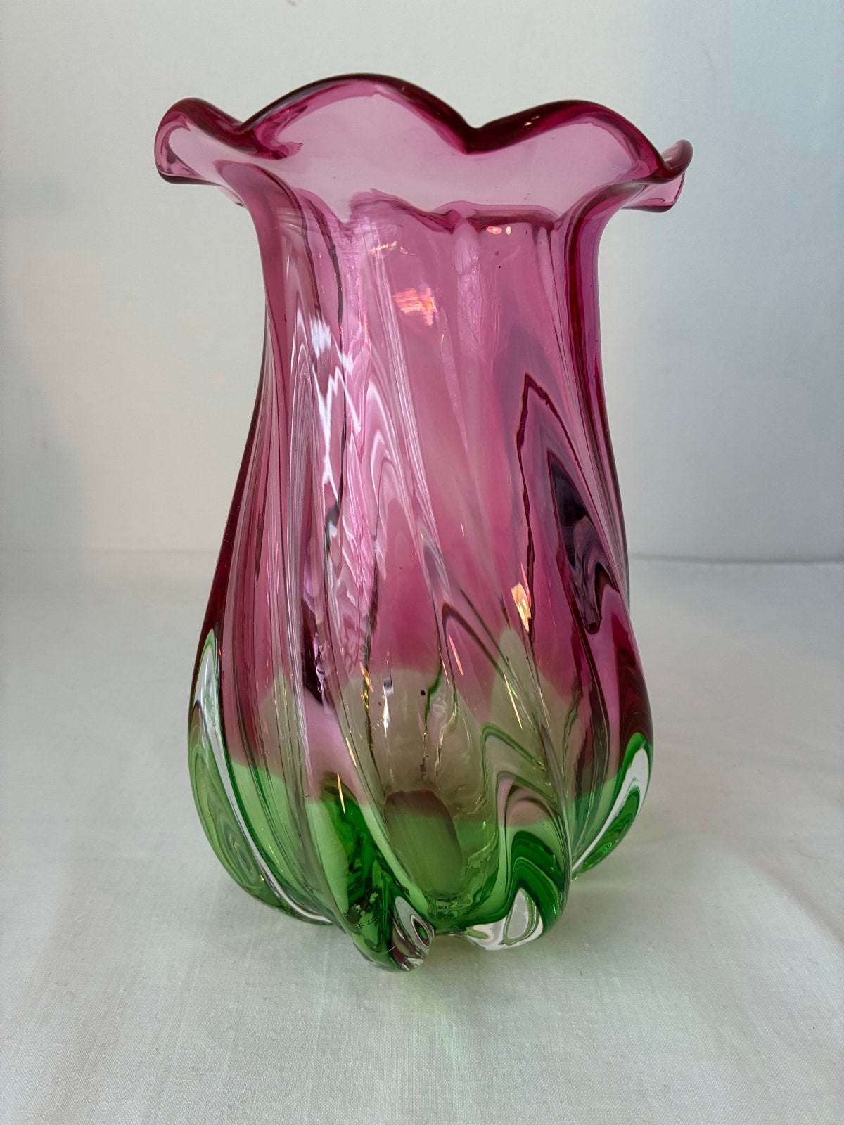 Vintage Murano Glas Vaas Roze Groen - Handgeblazen Kunst, Ophalen of Verzenden