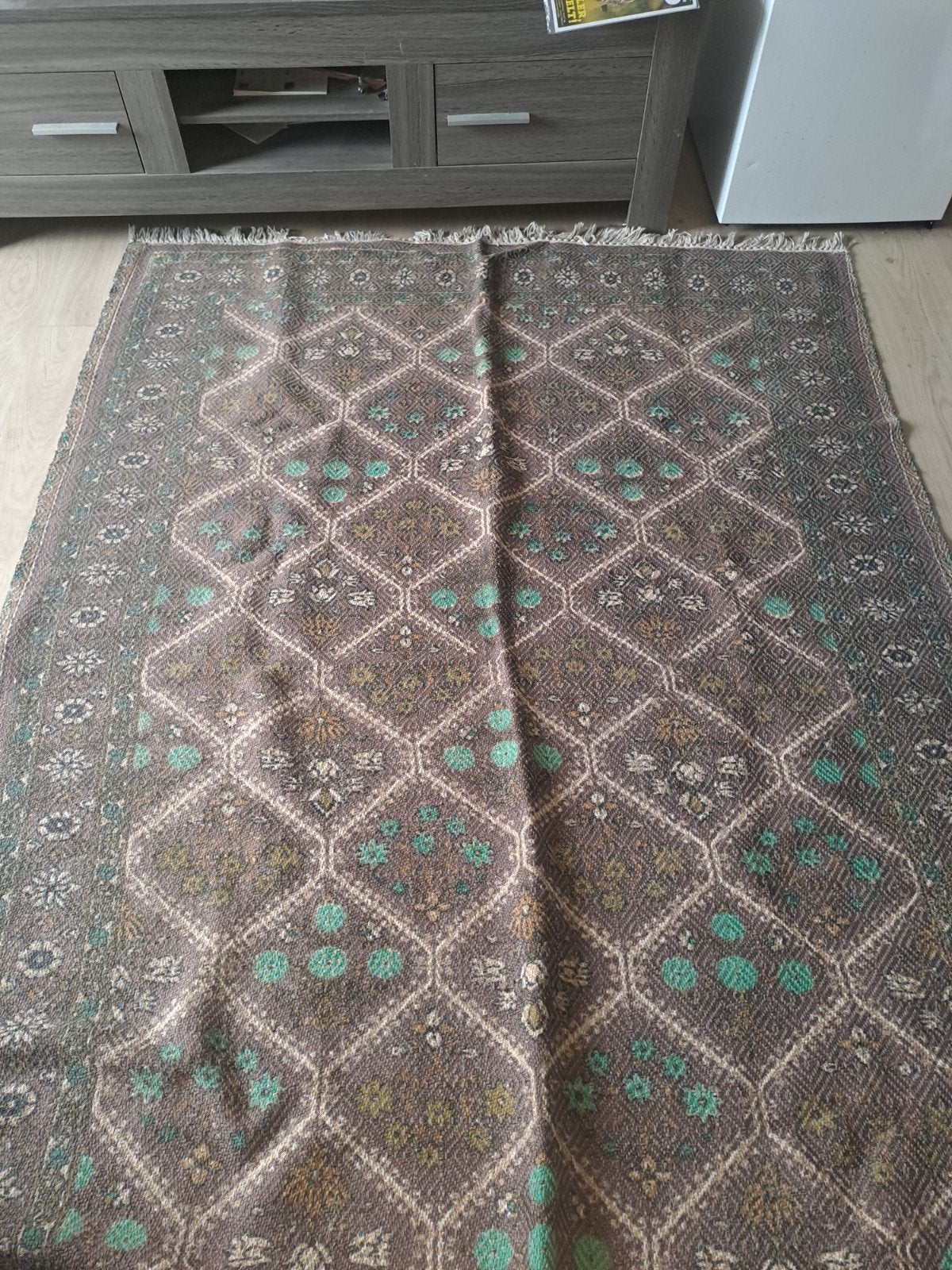 Vintage vloerkleed met geometrisch patroon, Huis en Inrichting, Stoffering | Tapijten en Kleden, Ophalen, Gebruikt, 100 tot 150 cm