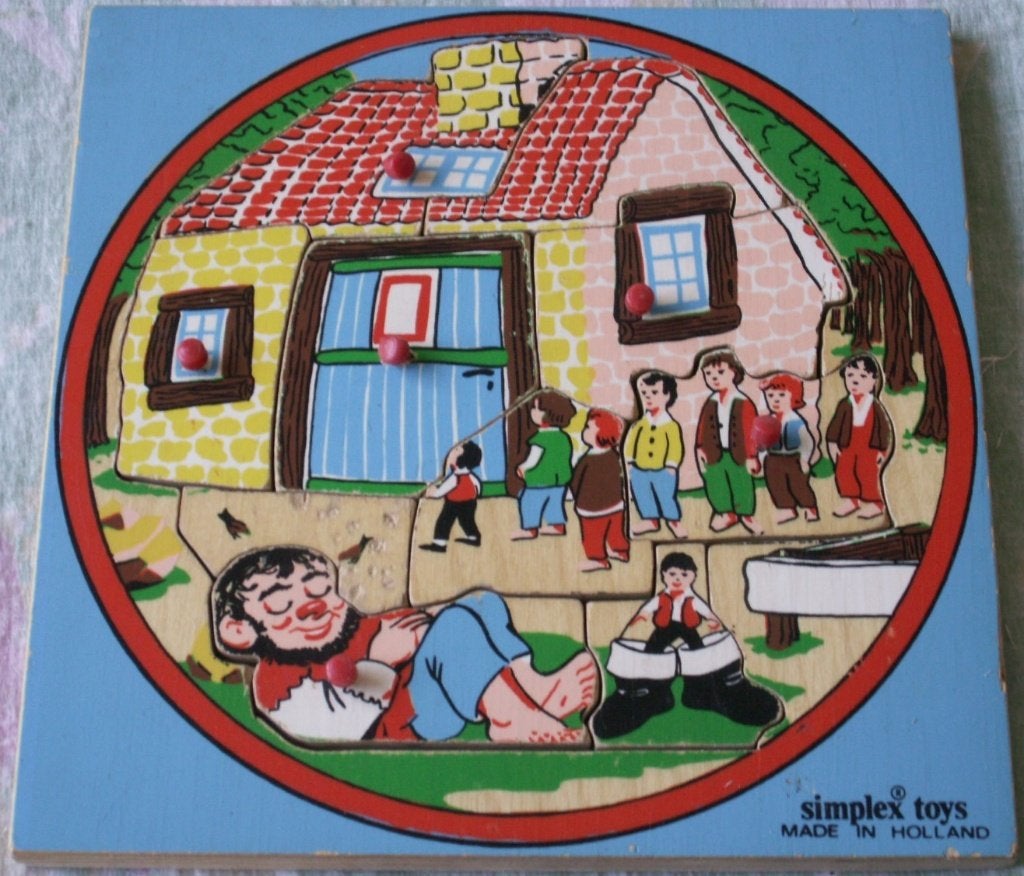 Vintage houten kinderpuzzel, Simplex  klein duimpje + reus, Antiek en Kunst, Ophalen of Verzenden