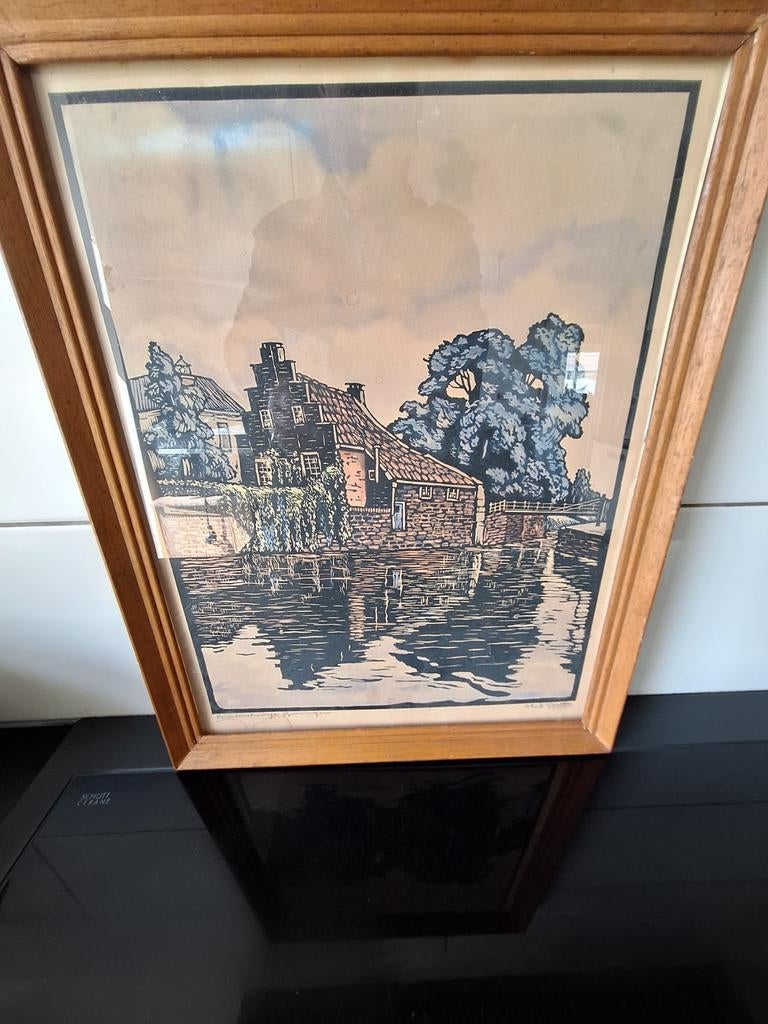 Antieke Houtsnede 'Poortershuisje' te Groningen, Antiek en Kunst, Ophalen