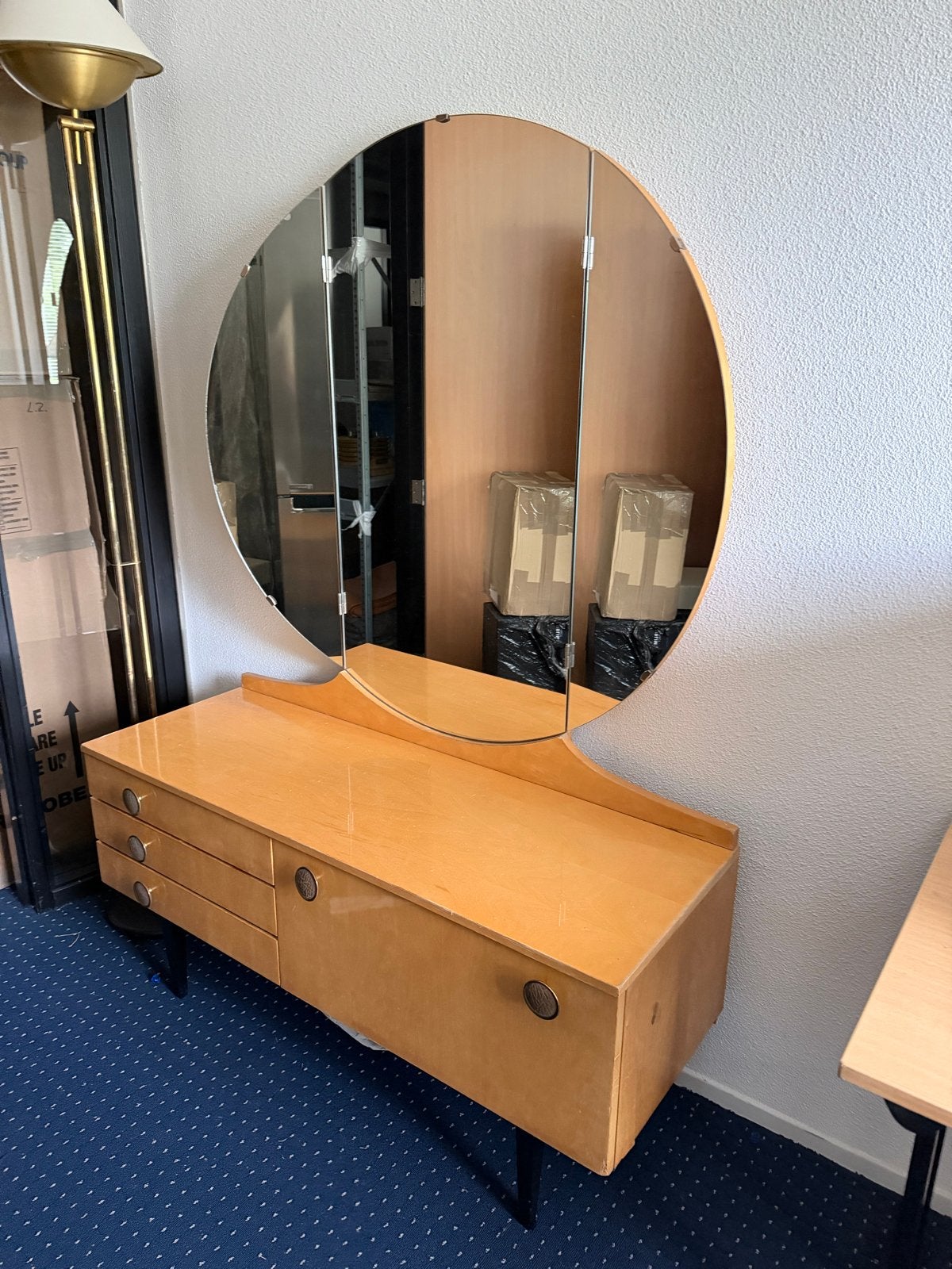 Vintage kaptafel met spiegel en lades, Ophalen of Verzenden, Gebruikt, Hout, 100 tot 150 cm