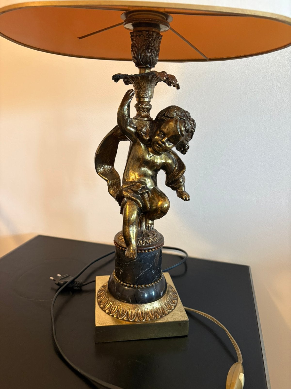 vintage schemerlamp met engeltje en marmer, Ophalen, Vintage, Zo goed als nieuw, Zwart