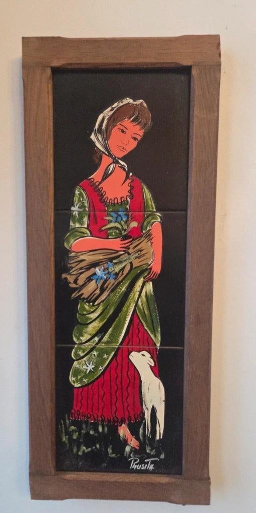 tegeltableau jaren 60 gesigneerd 'Pausita' 50 cm lang, Ophalen of Verzenden