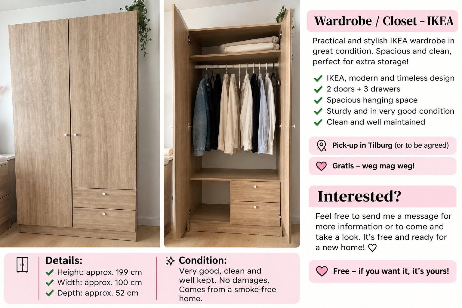Gratis ruime IKEA kledingkast, Huis en Inrichting, Ophalen of Verzenden, Zo goed als nieuw, 50 tot 75 cm, 150 tot 200 cm