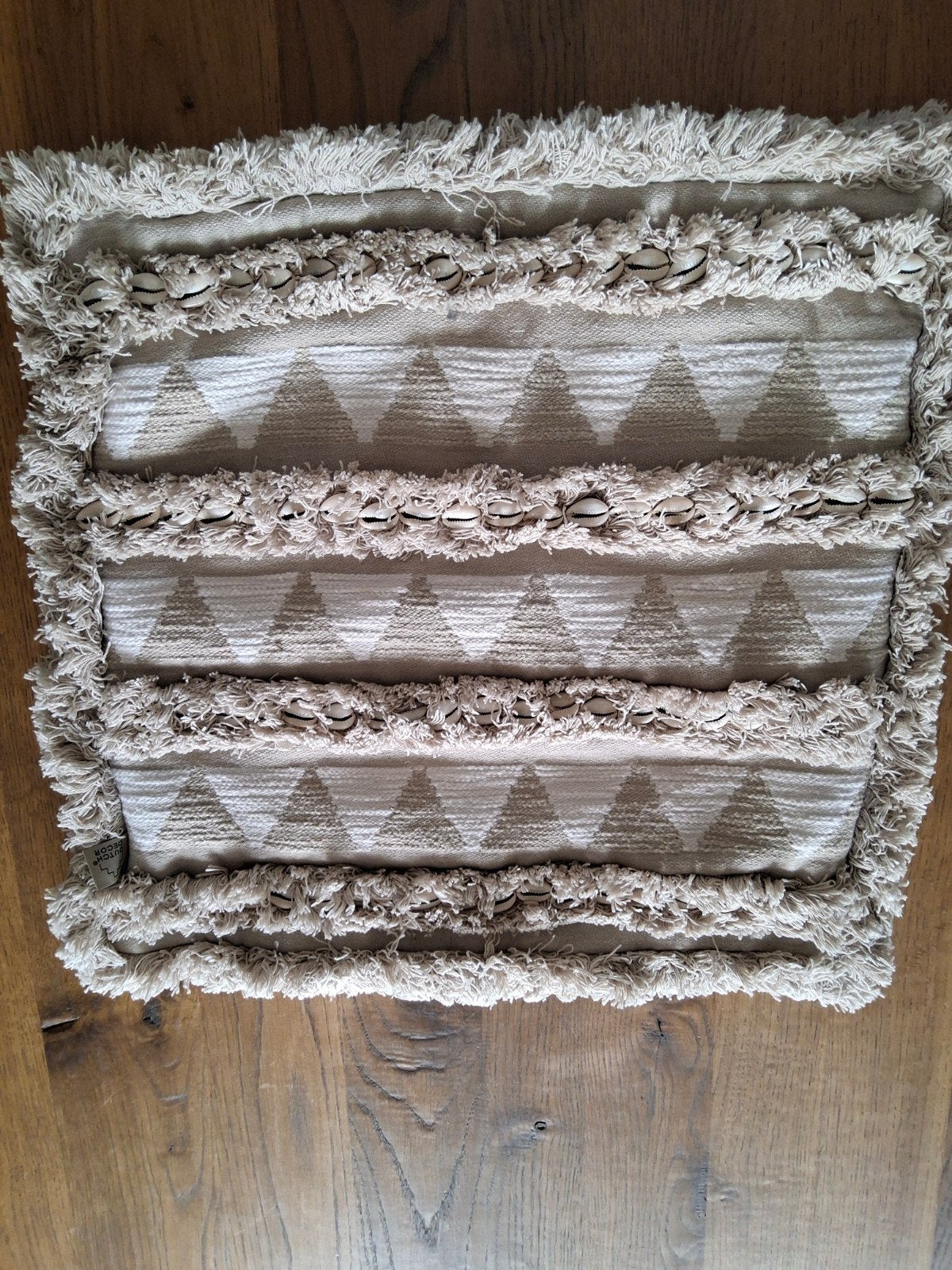 Decoratief sierkussen met schelpen en franjes, Overige merken, Gebruikt, Beige, Met print