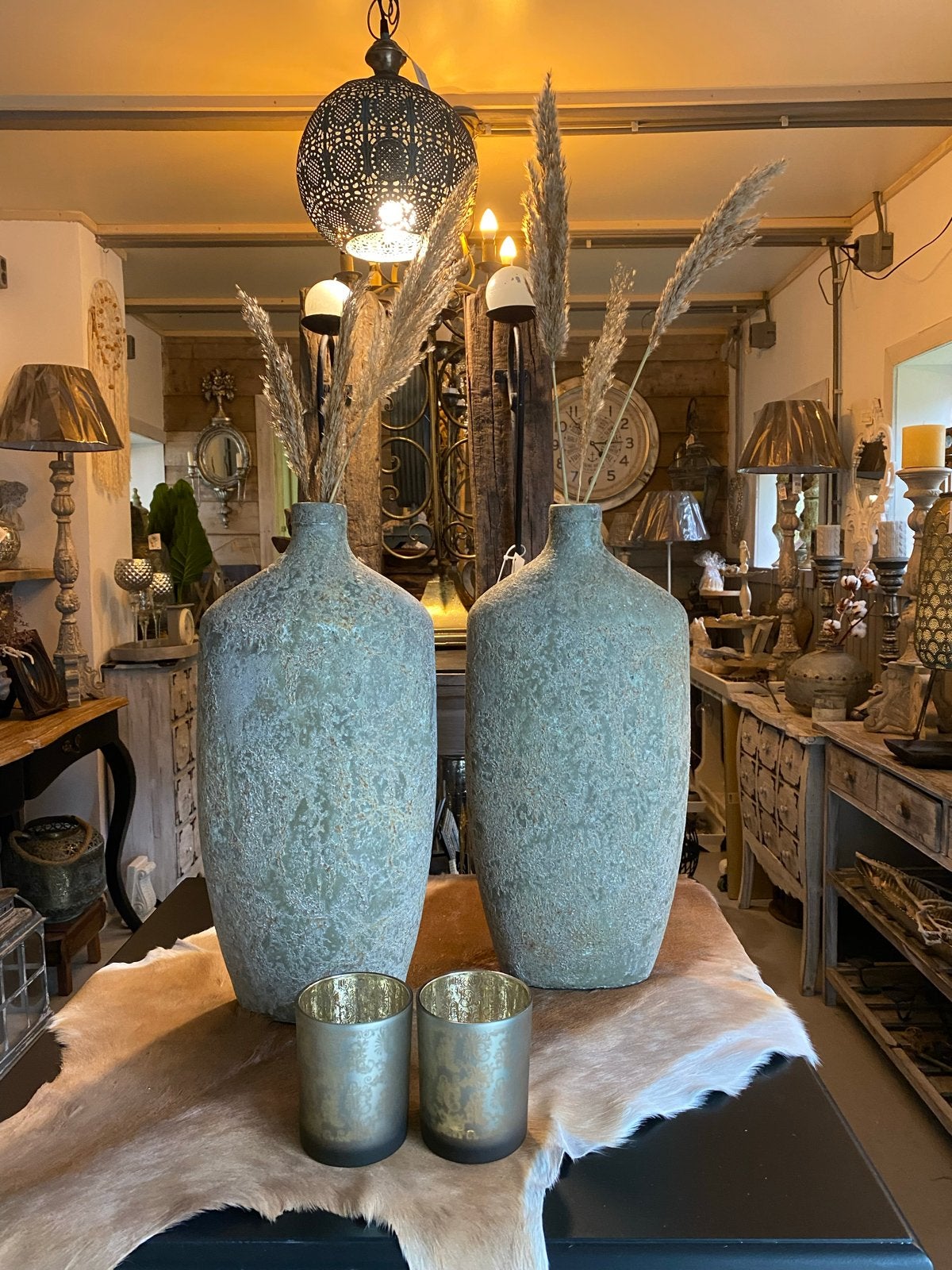 Stoere en chique nieuwe vazen set van keramiek uit India, Nieuw, Ophalen of Verzenden, Geschikt voor droogbloemen, Steen/keramiek