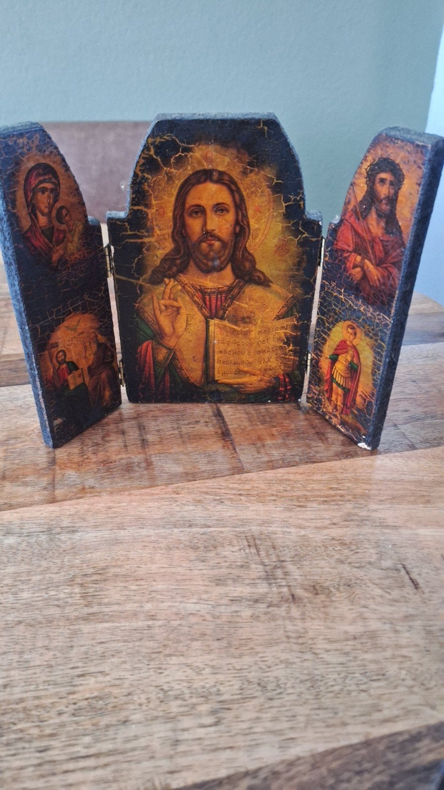 Antiek drieluik icoon met religieuze afbeeldingen, Antiek en Kunst, Ophalen of Verzenden