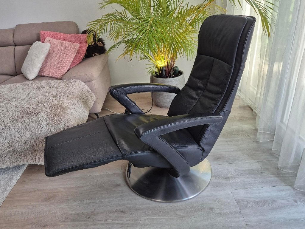 Relax Fauteuil - Draaibaar - Leer - Zwart - Elektrisch, Huis en Inrichting, Fauteuils, Ophalen, Gebruikt, 50 tot 75 cm, Leer