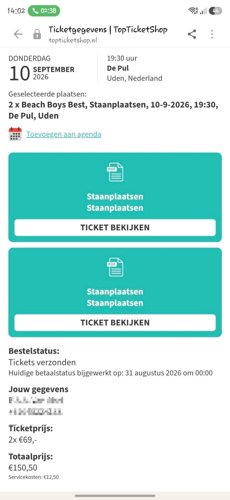 Te koop; 2 Tickets Beach Boys Best de Pul Uden, Tickets en Kaartjes, Twee personen, September