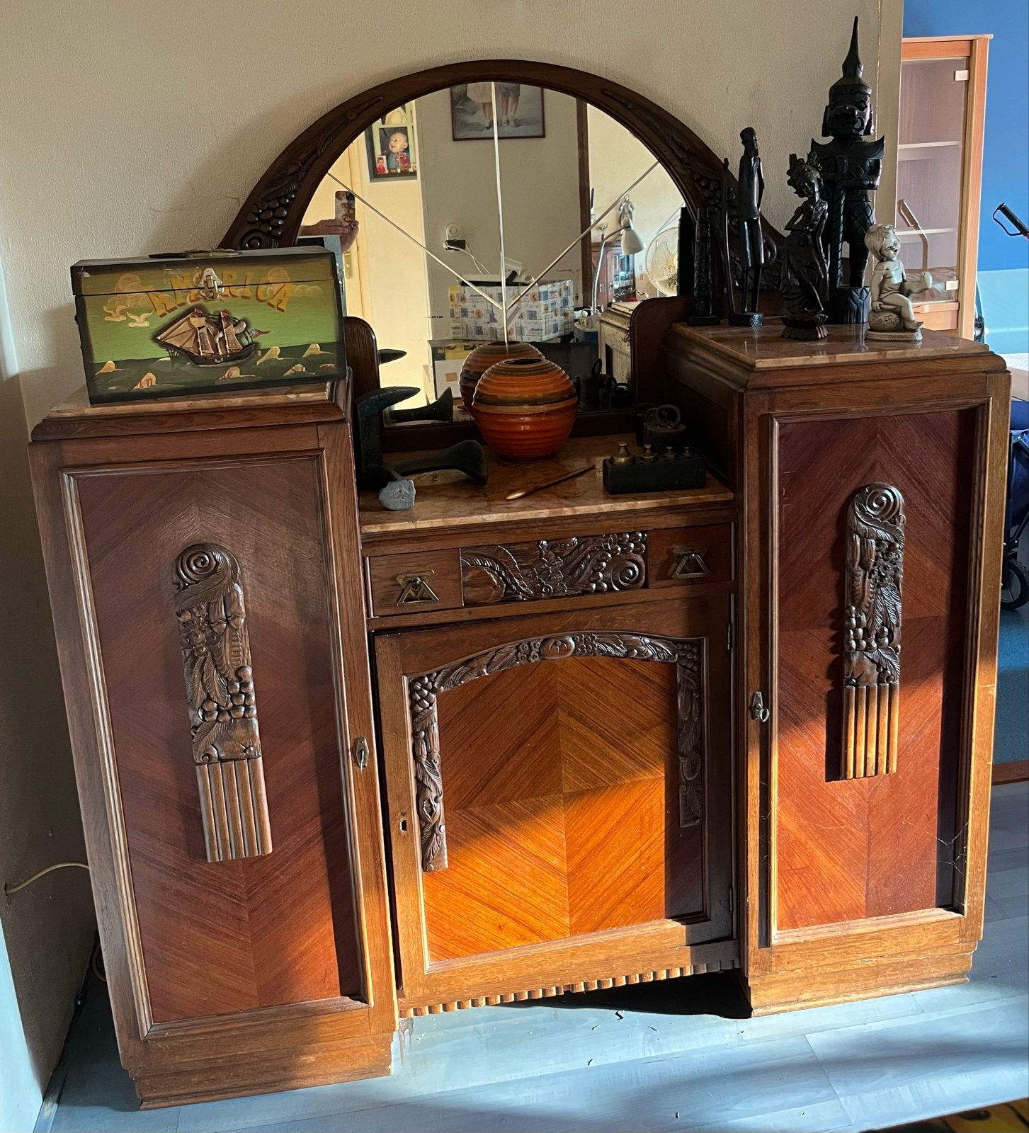 Antieke Art Deco Kast met Spiegel en Marmeren Platen, Ophalen