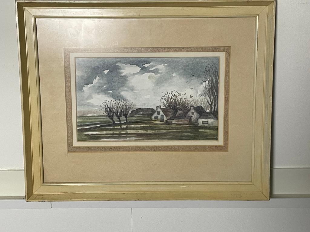 Dook Everse (1930-2005) Boerderij in landschap - Aquarel, Antiek en Kunst, Ophalen of Verzenden