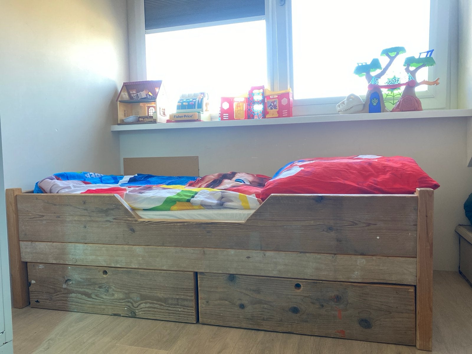 Steigerhouten kinderbed 150x70 met opberglades, Ophalen, Gebruikt, Eenpersoons, Bruin