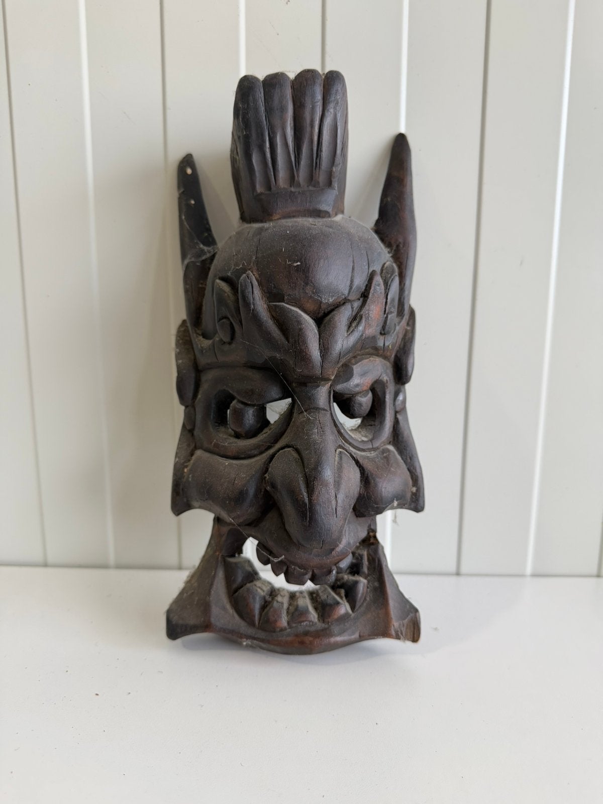 Vintage Aziatisch hand gesneden demonen masker, Handgemaakt, 20 - 50 cm, Hout, Bruin