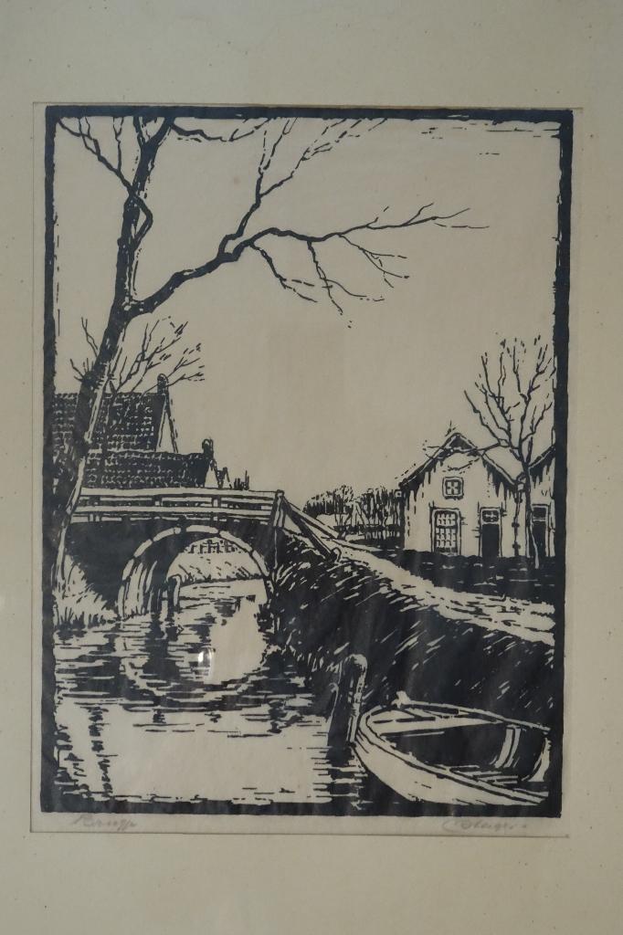 houtsnede brug Lange Houtweg in Loosduinen, C. Steiger 1930, Landschap, 1950 - 1999, Verzenden, Houtsnede