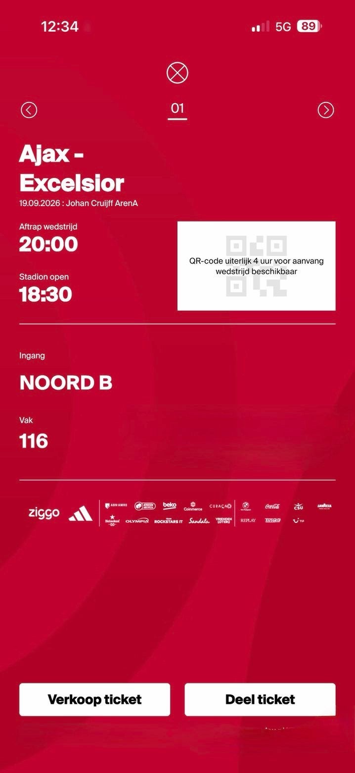 1 Ajax - Excelsior kaart | vak 116| rij 12, Seizoenskaart, Eén persoon, November