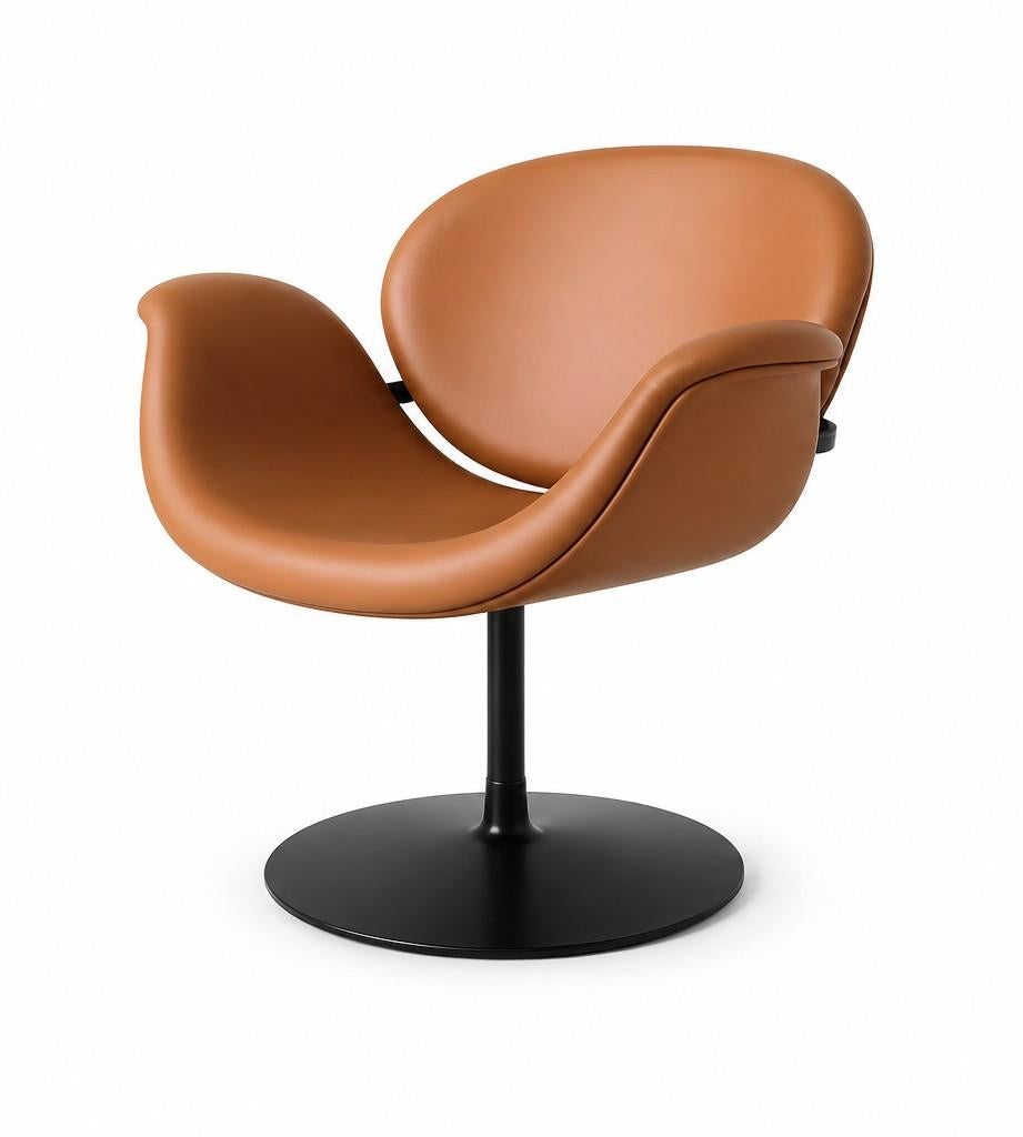Artifort Tulip Midi draaibare fauteuil - Cognac leer, Huis en Inrichting, Stoelen, Zo goed als nieuw, Eén, Leer, Metaal, Overige kleuren
