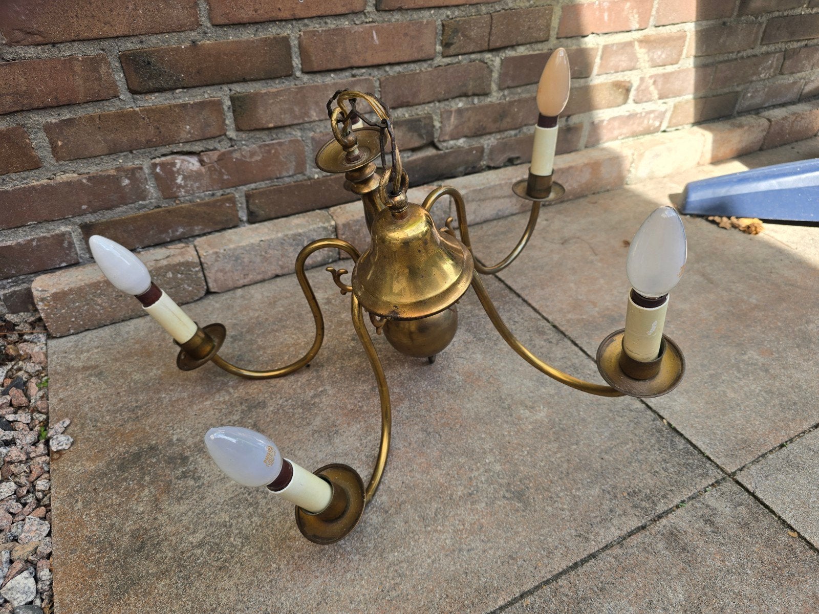 Vintage Messing Kroonluchter met 5 Lichtpunten, Huis en Inrichting, Lampen | Kroonluchters, Ophalen, Gebruikt, Metaal, Vintage, Klassiek, Retro