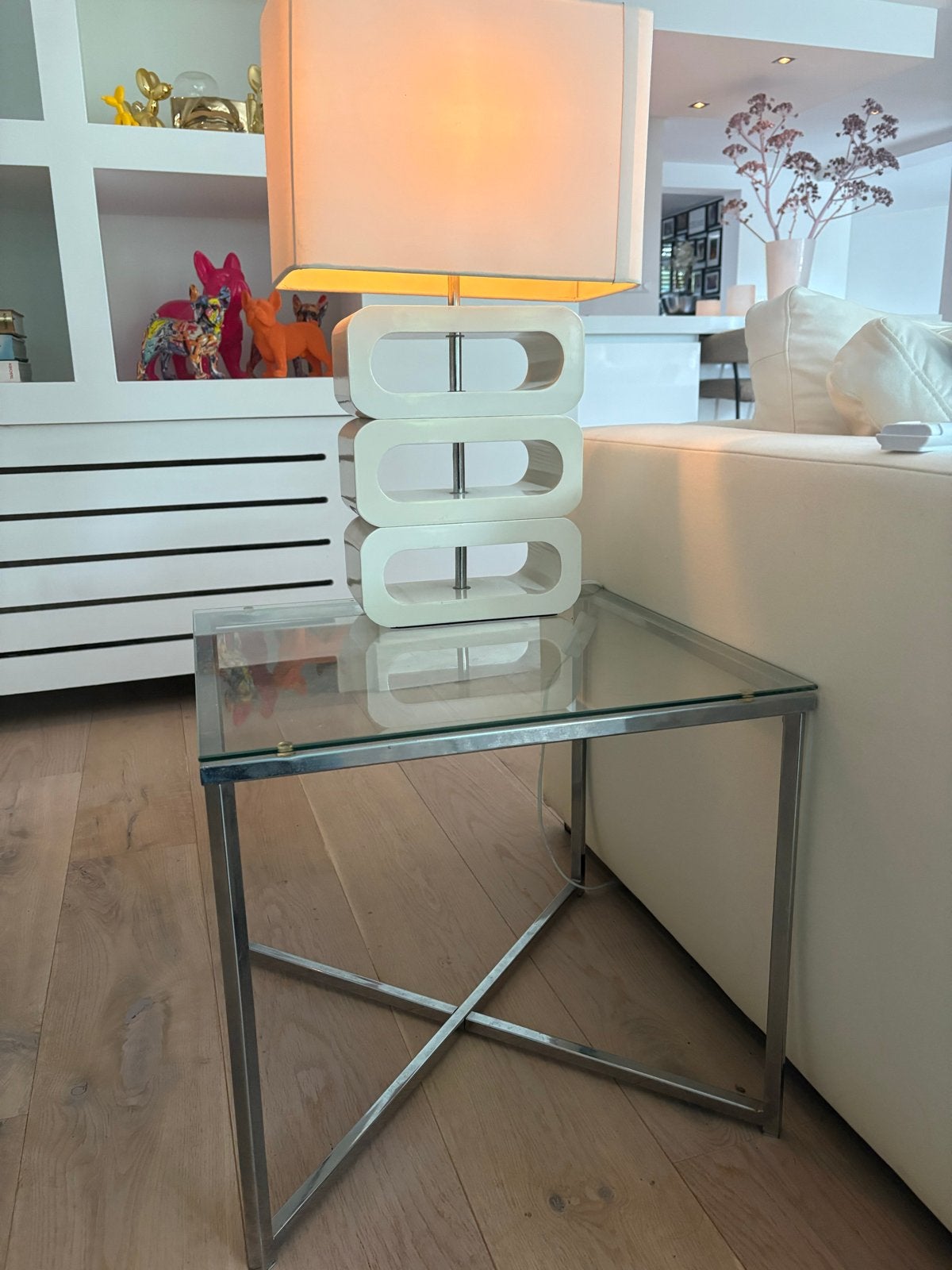 2x Jan des Bouvrie lamp op  bijzettafel met glazen blad, Ophalen, Zo goed als nieuw, Modern, Glas
