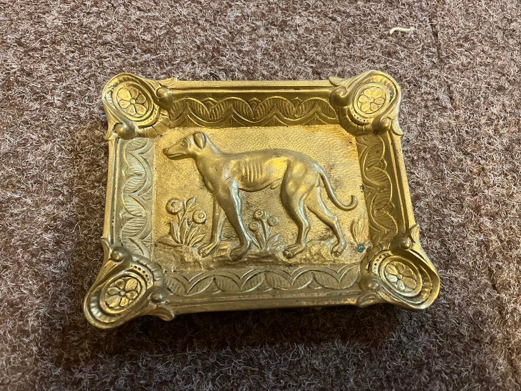 Antiek asbak geel koper hond 11x14, Ophalen of Verzenden, Koper