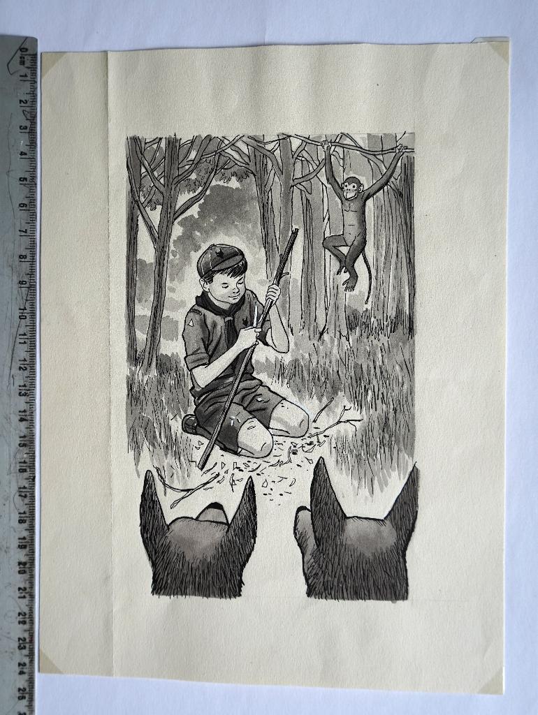 scouting aquarel welp wolven aap jungle origineel, Verzamelen, Scouting, Ophalen of Verzenden, Gebruikt, Embleem, Speld of Insigne