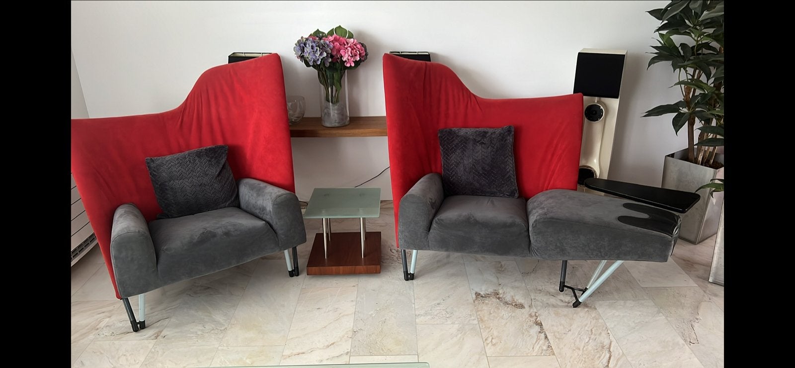 Design fauteuils rood/grijs, set van twee, Ophalen, Overige materialen, Twee, Overige kleuren