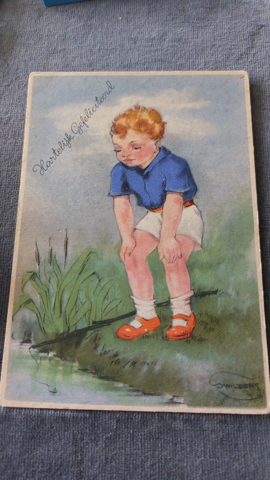 Swildens, Jongen kijkt een visje aan zijn hengel, Verzenden, 1940 tot 1960, Ongelopen, Overige thema's