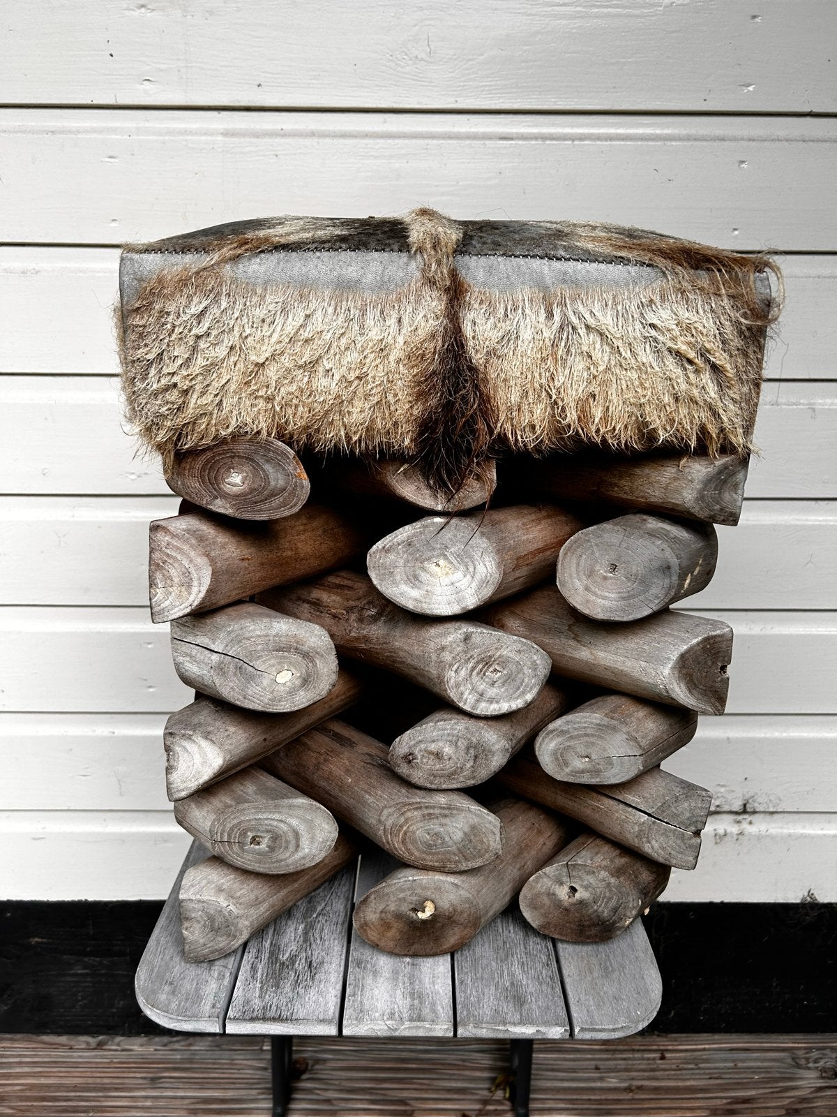 Houten poef vierkant 35x35x47cm met vacht, Ophalen, Minder dan 50 cm, Gebruikt, Vierkant