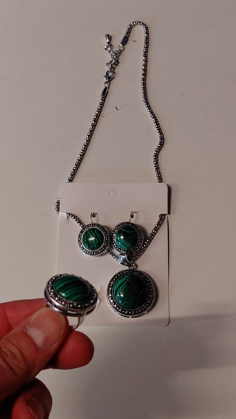 Malachiet edelstenen sieraden set, oorbellen, ring, halskett, Ophalen of Verzenden