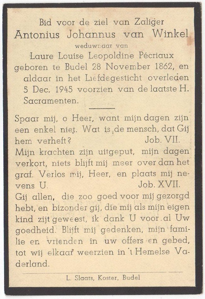 Antonius J. van Winkel 1862 Budel + 1945 Budel, 83 jaar oud, Ophalen of Verzenden