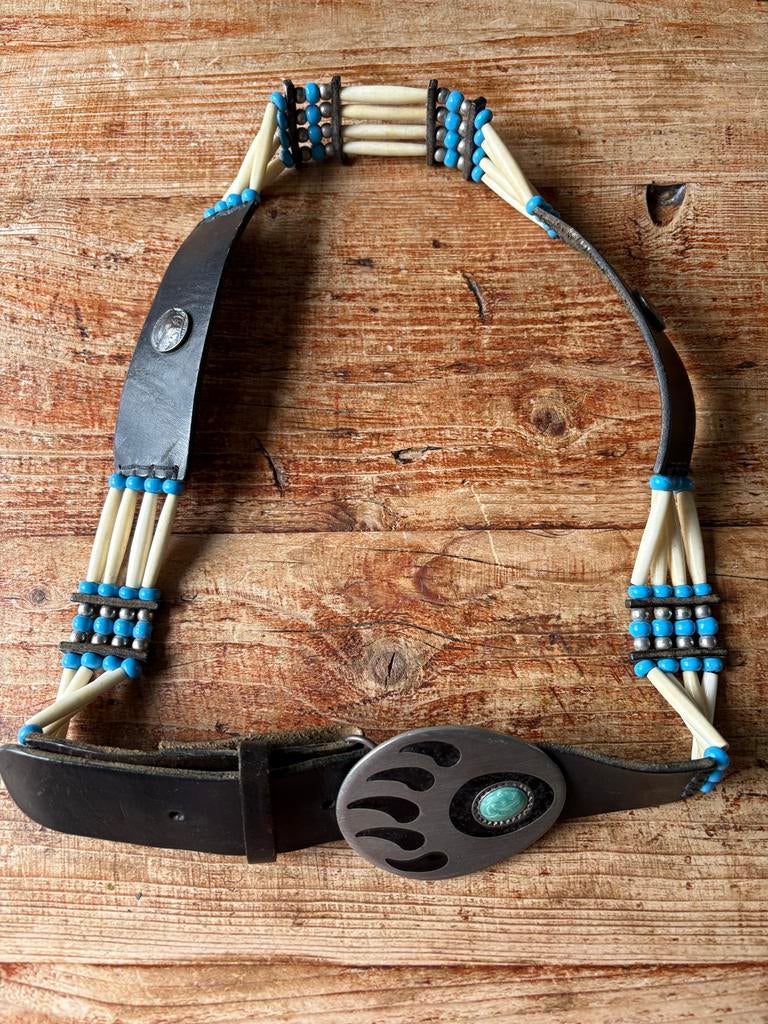 Unieke handgemaakte vintage riem met turquoise en kralen, 3 tot 5 cm, 90 tot 100 cm, Heupriem, Ophalen of Verzenden
