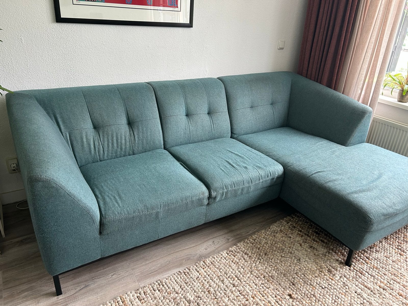 Comfortabele Hoekbank - Turquoise Stof, Ophalen, 250 tot 300 cm, Gebruikt, 100 tot 125 cm