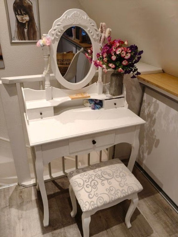 Witte kaptafel met spiegel en krukje, Ophalen, Gebruikt, 50 tot 100 cm, Minder dan 100 cm