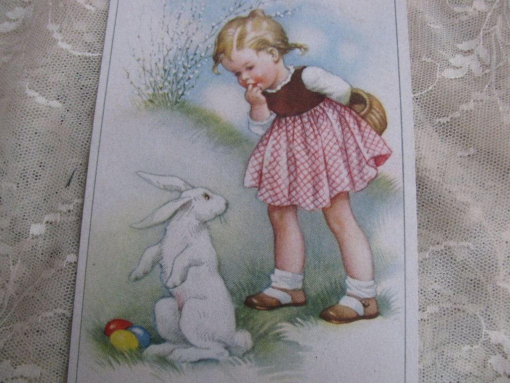 Oude Kaart - Meisje & Wit Konijn / Paaseieren, Verzenden, 1920 tot 1940, Ongelopen, Feest(dag)