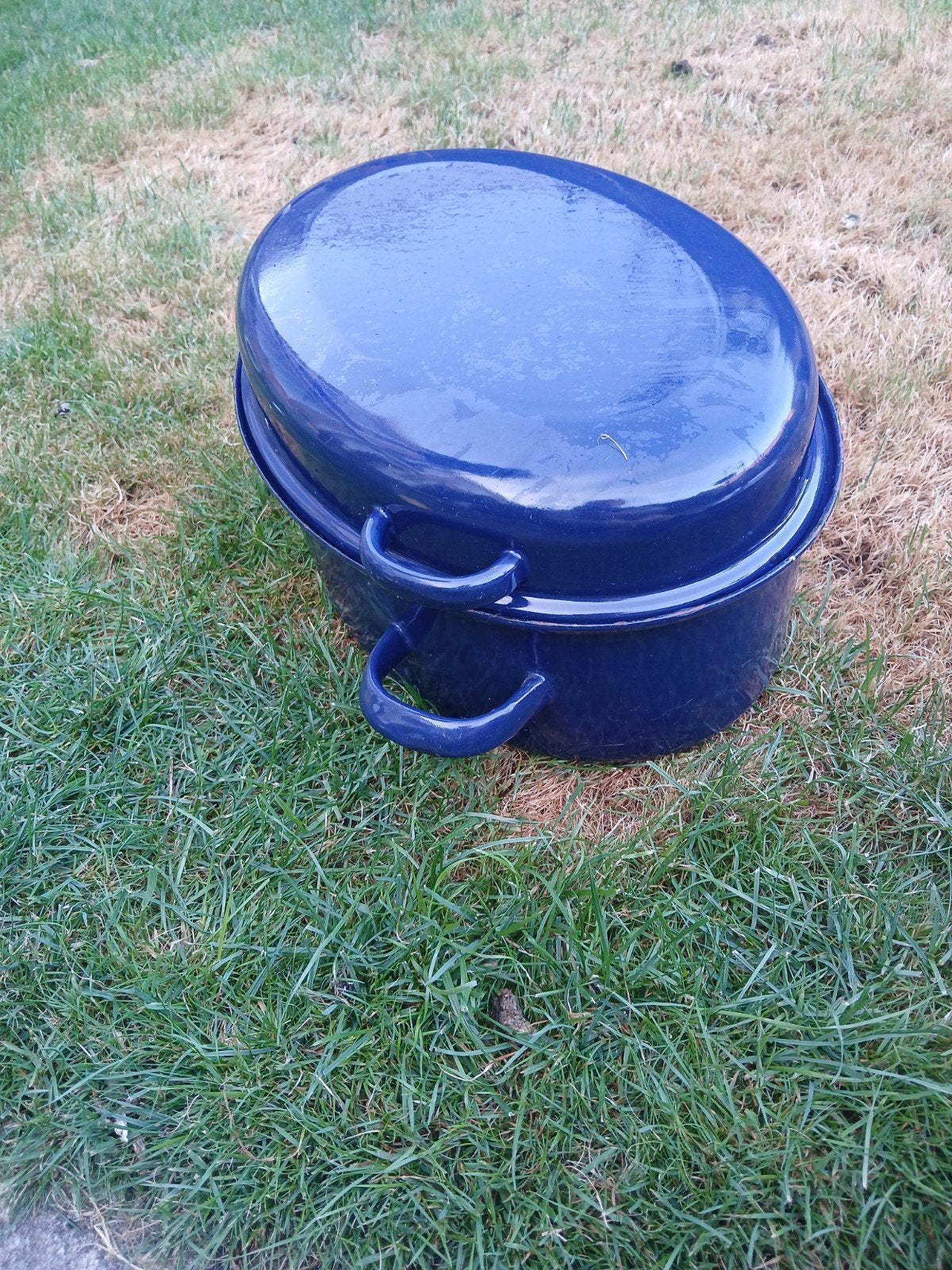 Blauwe emaille braadpan met deksel, Gebruikt, Braadpan, Met deksel, Ophalen of Verzenden