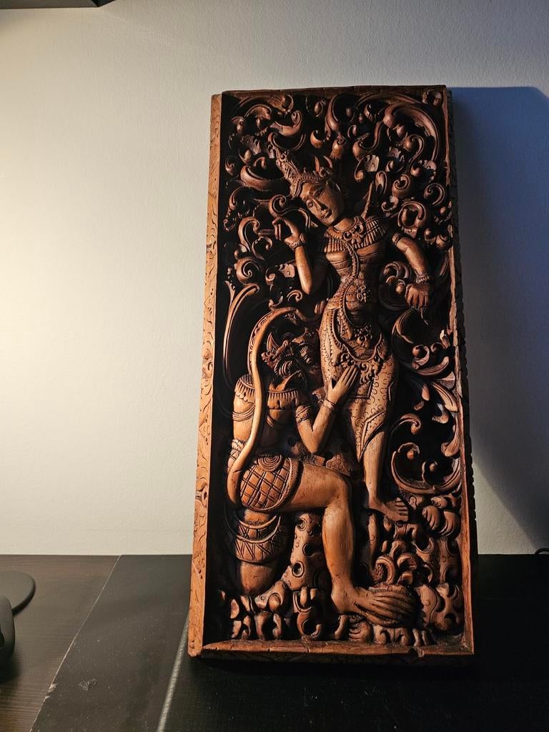 Prachtig handgesneden houten paneel - Balinese dans, Handgemaakt, Wanddecoratie, Scène, Hout