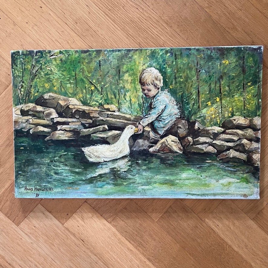 Schilderij kind met eend, Antiek en Kunst, Ophalen of Verzenden