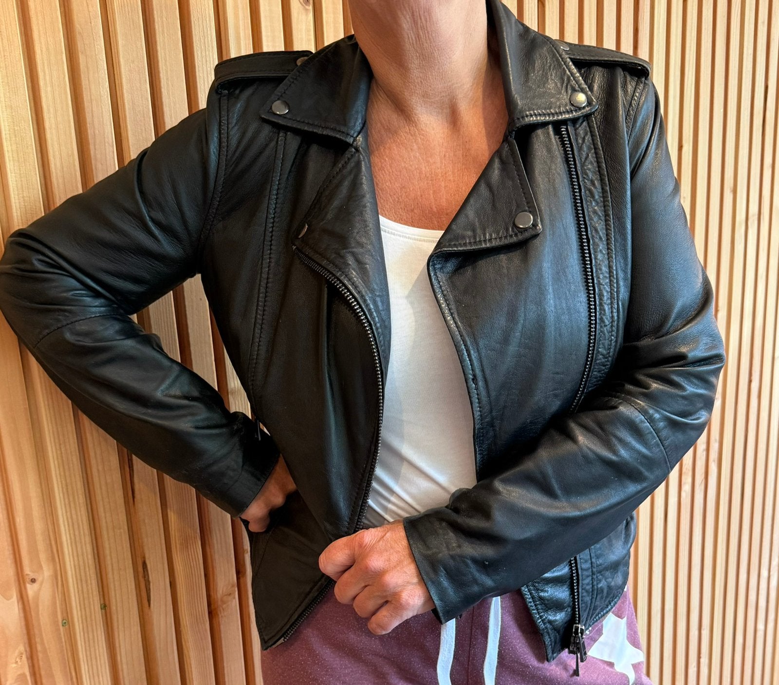 Vintage zwart 100% schapen leren biker jack/jas M, Ophalen of Verzenden, Zo goed als nieuw, Zwart