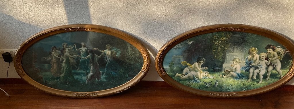 Ovalen litho's/reproducties met engelen / nymfen - in lijst, Ophalen