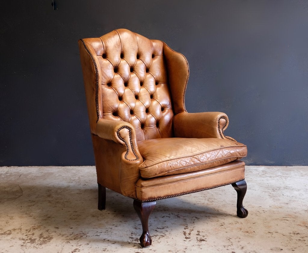origineel Engelse Chesterfield oorfauteuil, Ophalen, Minder dan 75 cm, Leer, Zo goed als nieuw