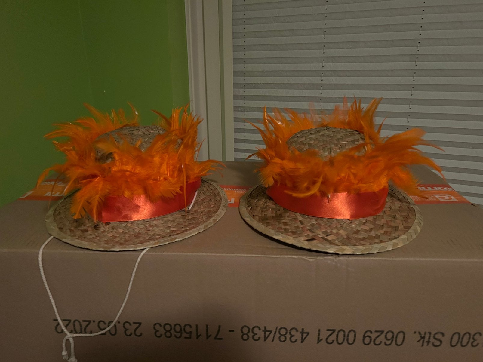 2x stro hoed of hoedje + oranje veren / carnaval loopgroep, Ophalen of Verzenden, Zo goed als nieuw, Overige maten