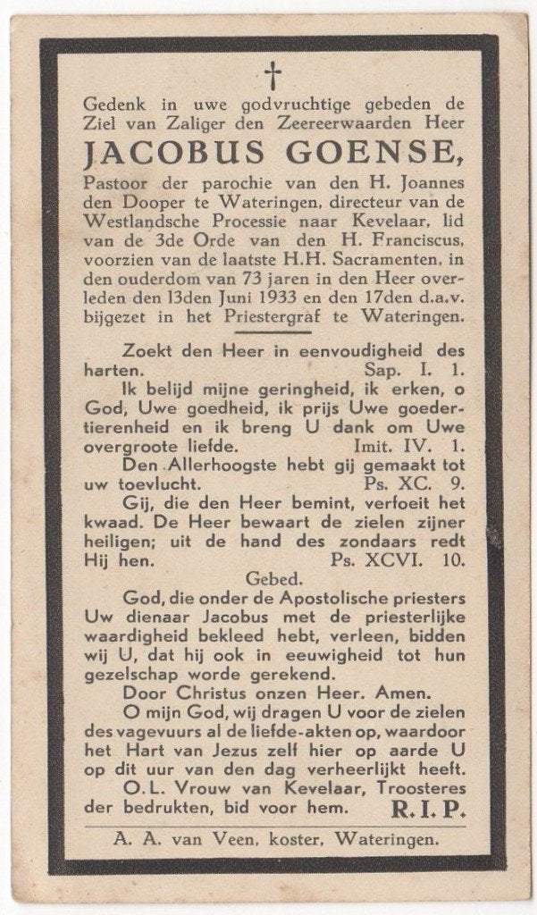 pastoor Jacobus Goense 1860 's Heerenhoek -1933 Wateringen, Verzenden