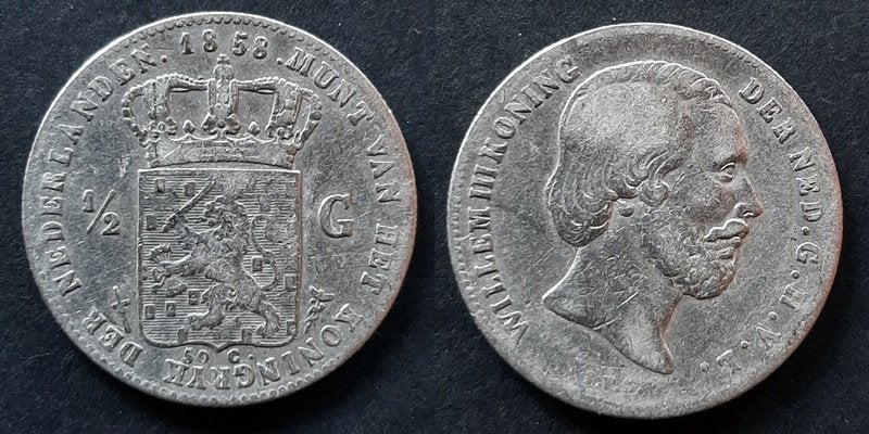 Halve gulden 1858 Willem III, Postzegels en Munten, Munten | Nederland, Verzenden, Koning Willem III, ½ gulden, Zilver