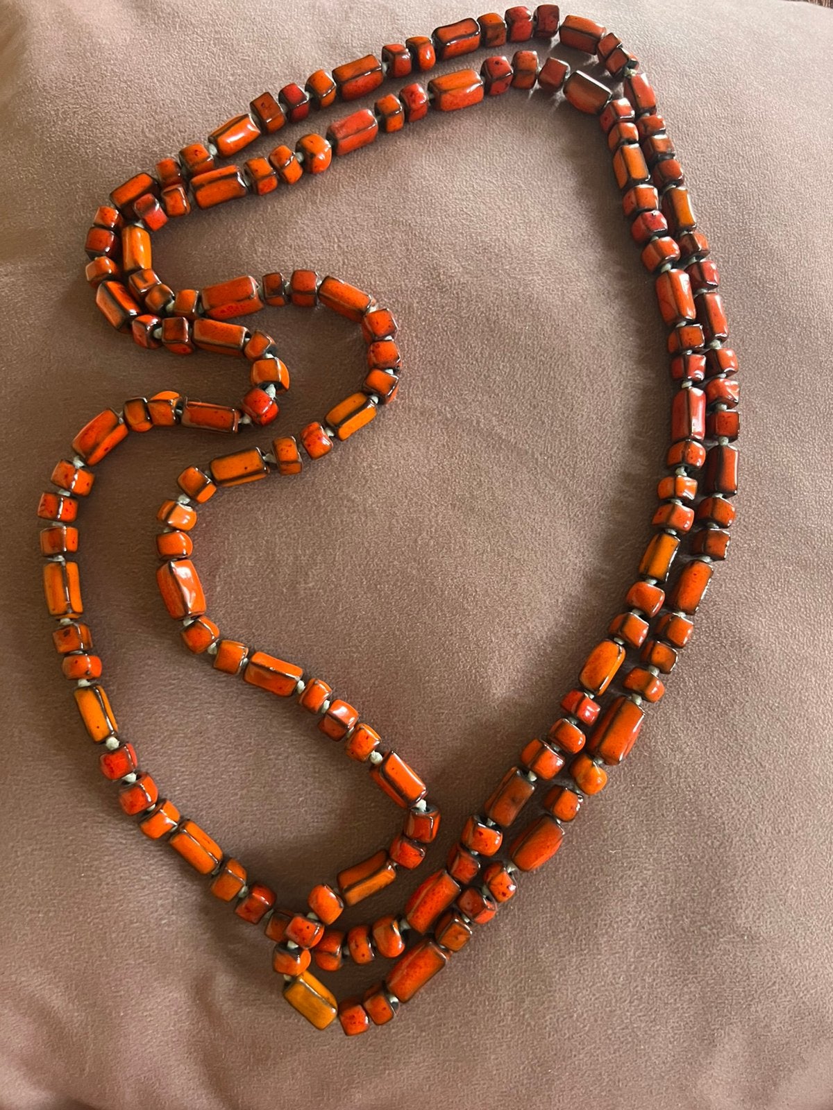 Vintage keramiek kralen ketting, Sieraden, Tassen en Uiterlijk, Kettingen, Ophalen of Verzenden, Zo goed als nieuw, Oranje, Steen of Mineraal