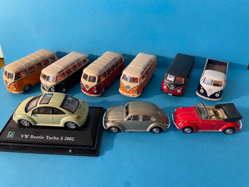 9 Metalen voertuigen met als thema VW (schaal 1:72), Overige merken, Gebruikt, Gelijkstroom of Wisselstroom, Overige typen